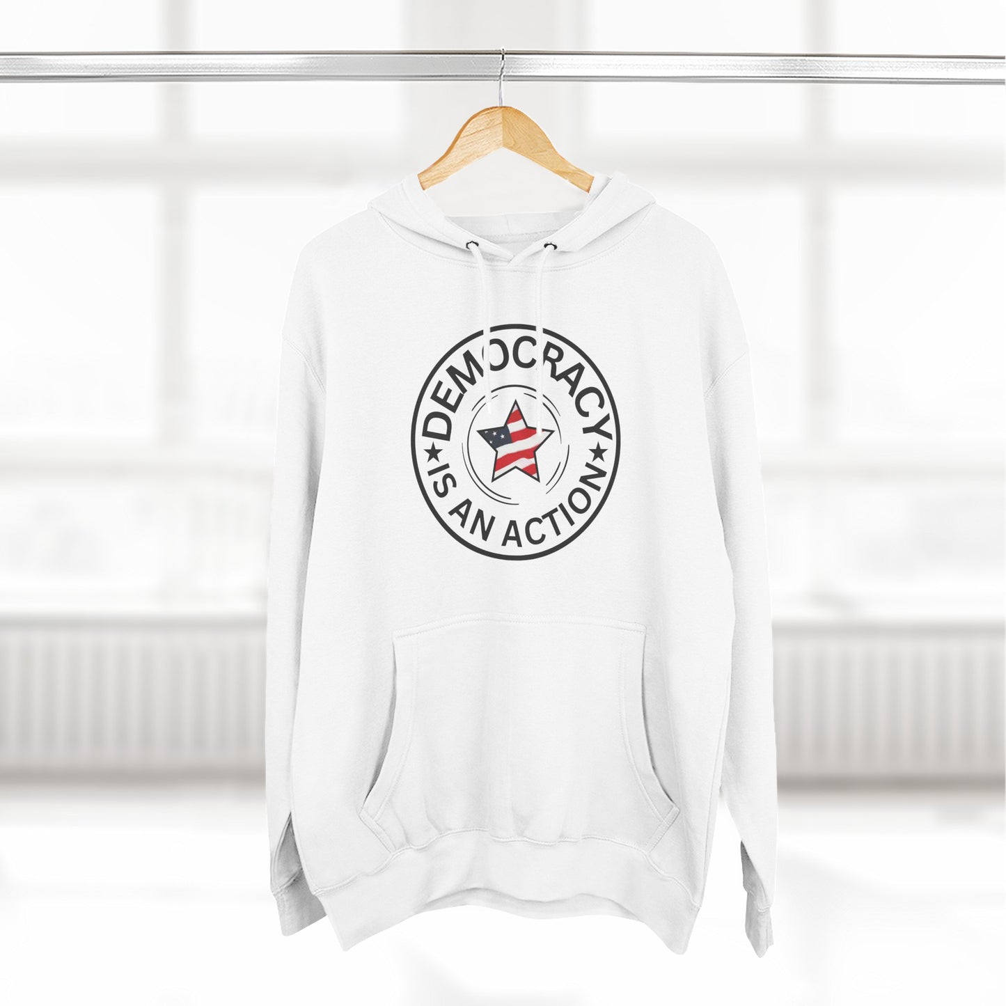 Democracy Is An Action Hoodie — Patriotic Star Fleece Pullover