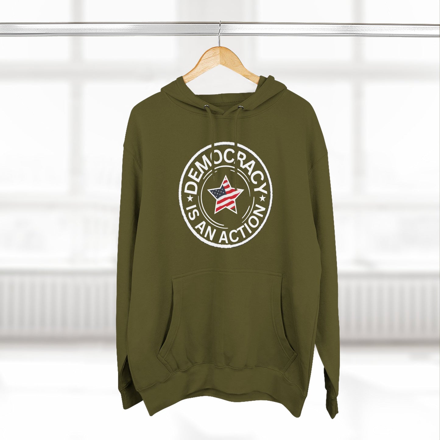 Democracy Is An Action Hoodie — Patriotic Star Fleece Pullover