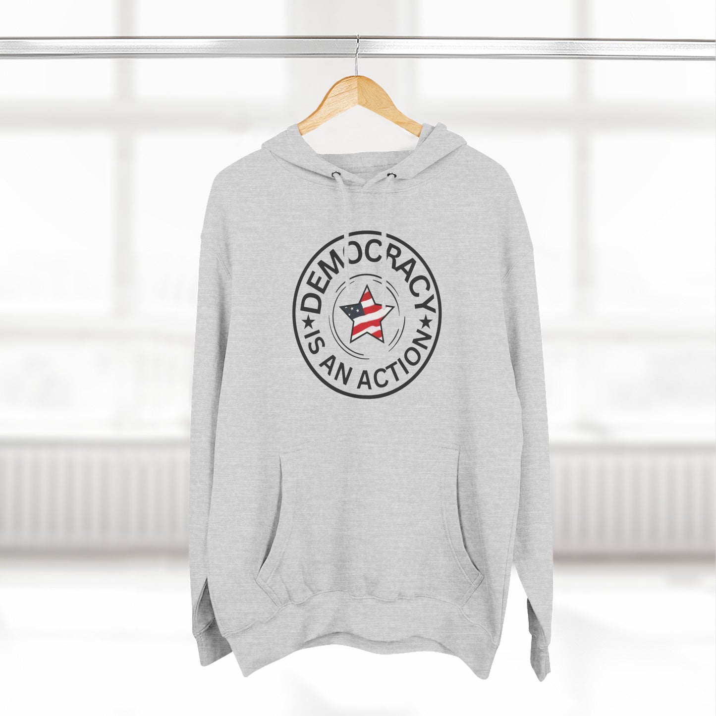 Democracy Is An Action Hoodie — Patriotic Star Fleece Pullover