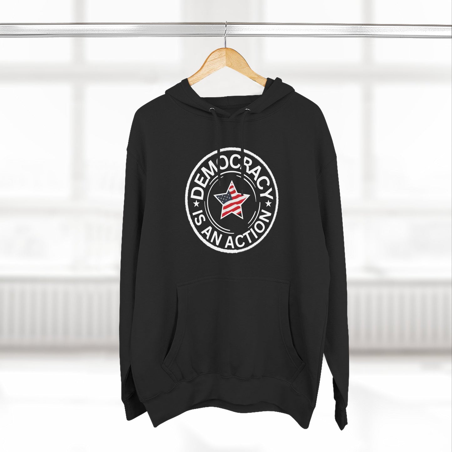 Democracy Is An Action Hoodie — Patriotic Star Fleece Pullover